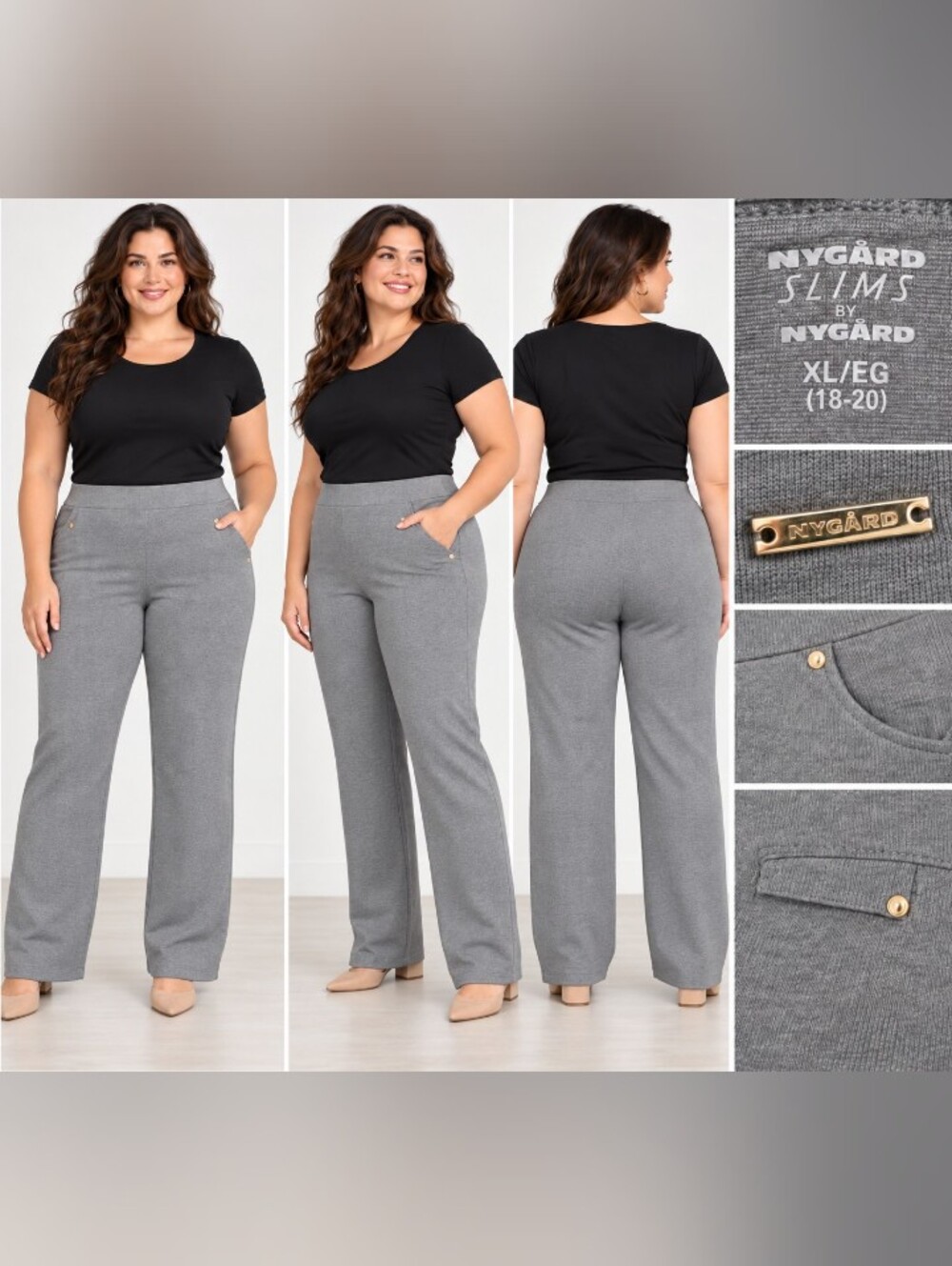 NYGÅRD Plus Size Gray Wide-Leg Pull-On Pants